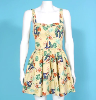 HELL BUNNY Retro Tropical Parrot Pineapple Yellow Mini Skater Dress sz S /531 - Image 1 of 4
