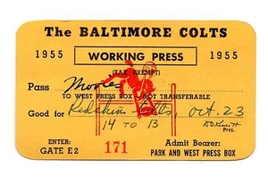 1955 Baltimore Colts Working Press Media Pass Oct 23rd Redskins Game - Picture 1 of 2