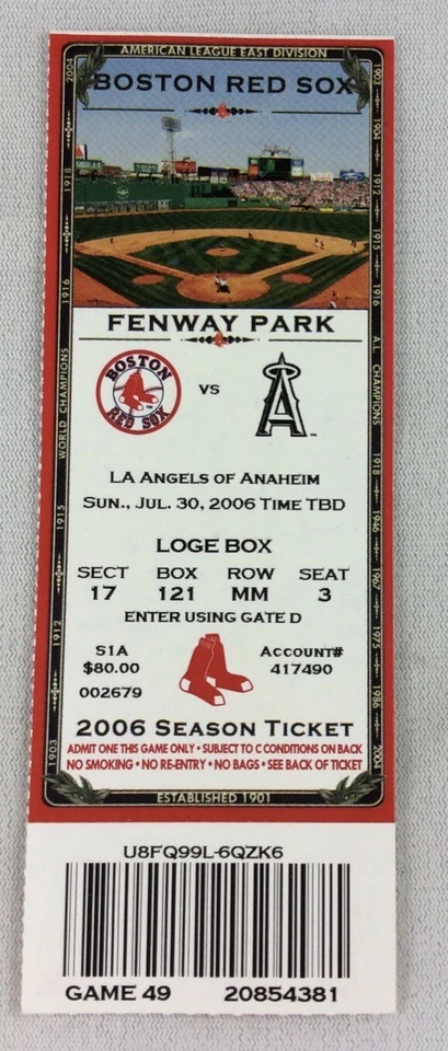 MLB 2006 07/30 LA Angels at Boston Red Sox boleto completo - Vladimir Guerrero HR Foto 1 de 1