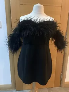 BNWT FOREVER UNIQUE Black Off the Shoulder Mini Dress with Feather N/Line Sz18 - Picture 1 of 12