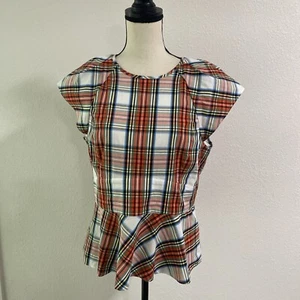 NEW J Crew Plaid Shirt Womens Flutter Sleeve Cotton Stretch Top Size 12 - Picture 1 of 11