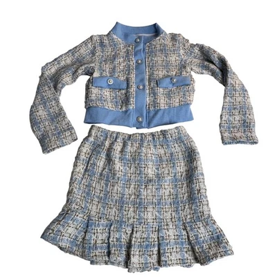 Badgley Mischka Niños Azul Tweed Chaqueta Falda Conjunto Perla Botones Talla 6 Jackie O Foto 1 de 4