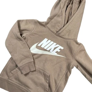 Nike Kids Tan Beige Long Sleeve Graphic Print Logo Pocket Pullover Hoodie Sz 4 - Picture 1 of 6