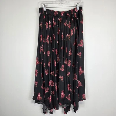 Falda by Anthropologie Floral Negra Rosa Midi Talla Grande Pull-On  Foto 1 de 4