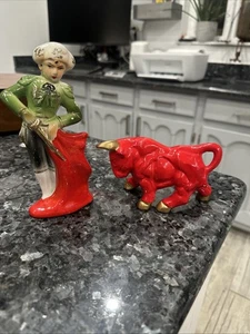 Vintage MCM 50’s RED With GOLD Gilding Ceramic BULL & MATADOR Statue Japan - Picture 1 of 8