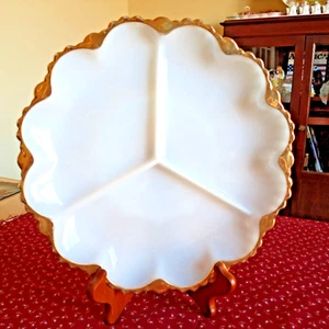 Vintage Milk Glass Anchor Hocking Fire King w/22K Gold Trim 3 Part Relish Dish - Picture 1 of 17