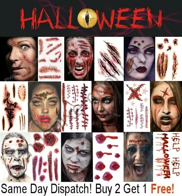 Halloween Tattoos Fancy Dress Make up FX Fake Scars Wounds Cuts Horror Blood UK