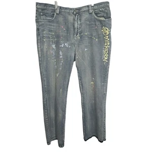 Y2K Miskeen Wide Leg Jeans Baggy 44 Medium Wash Paint Splatter Grunge Cyberpunk - Picture 1 of 4