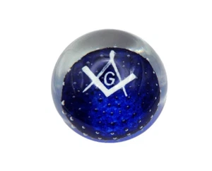 John Gentile Glass Paperweight Blue Control Bubble Masonic Compass & Square Frit - Picture 1 of 7