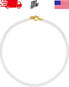 14K Gold Plated Dainty Toggle Clasp Chocker Pearl Necklace Woman Jewelry Gift - Picture 1 of 5