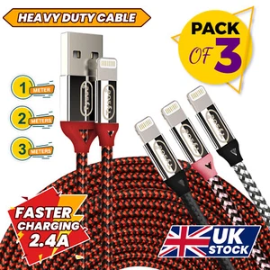 USB Cable For Apple iPhone 11 6s 7 8 6 5s X Long Charger Charging Fast 1m 2m 3m - Picture 1 of 6