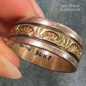 14k Yellow Gold & 925 SUNRISE Sunburst Pattern Ring. Wide Band - Picture 1 of 12