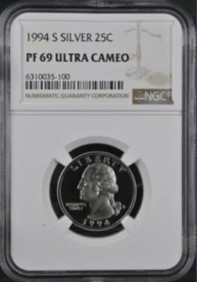 1994 S Silver Washington 25¢ NGC PF 69 Ultra Cameo - Image 1 of 2
