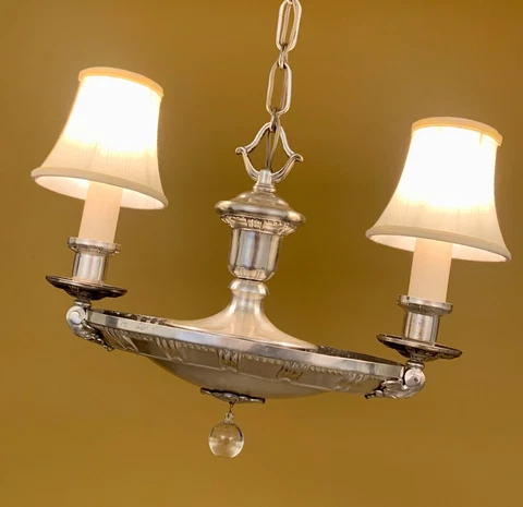 Vintage Lighting 1920s silver plate 2-arm chandelier. Ideal for bedroom or foyer Cover
