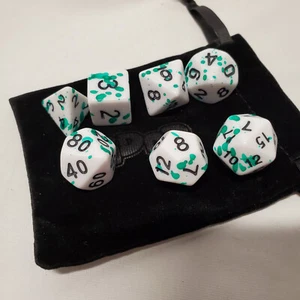 Set of 7 White w/ Green Speckle Dice with Carry Bag - Polyhedral Dice for RPG - Picture 1 of 5