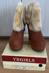 NWB YRGirls Brown Faux Suede Beige Faux Fur Ankle Boots Women 39EU (8-8.5US) - Picture 1 of 10