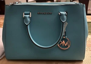 BRAND NEW MICHAEL KORS SUTTON MEDIUM SAFFIANO LEATHER SATCHEL BAG *AQUAMARINE* - Picture 1 of 7