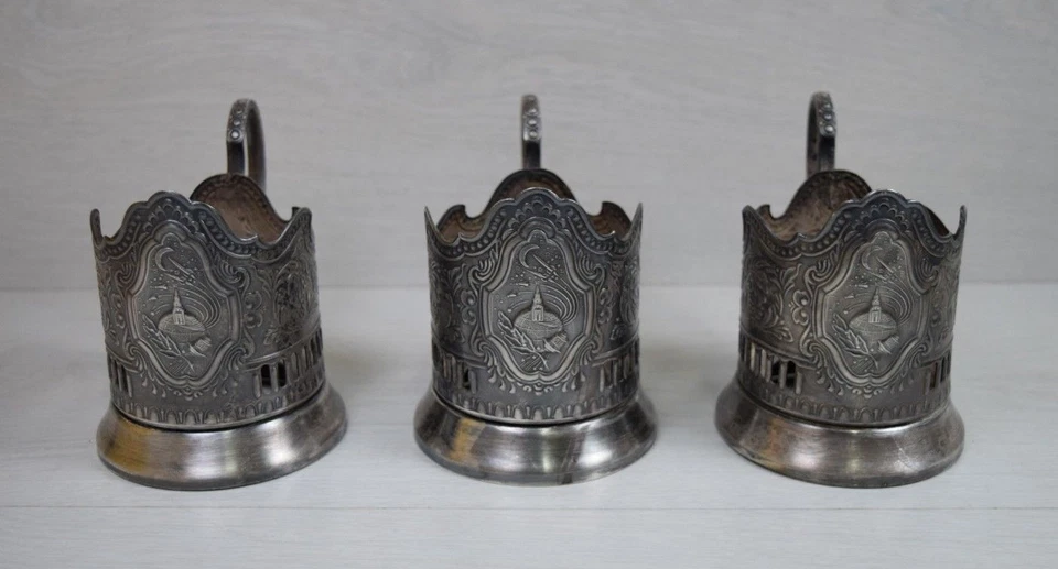 Vintage 3 USSR PODSTAKANNIK Glass Cup Holder Russian Space Age Program Sputnik - Image 1 of 4