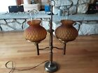 Vintage Brass Student Lamp Double Amber Ribbed Hurricane Globes 