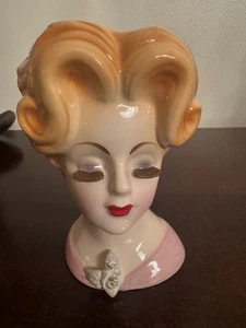 Velco Japan 10761 Lady Head Vase Ginger Haired Lady Pink Dress Brown Eyelashes - Picture 1 of 8