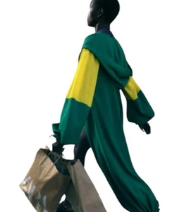 Zara Sz M Green, Blue, Yellow Color Block Hooded Full Length Jacket Trench Coat - Picture 1 of 16