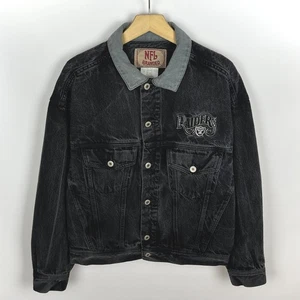 Vintage NFL Oakland Raiders Big Logo Denim Jacket Size M 90’s Washed Black Rare - Picture 1 of 22