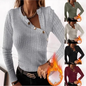 Sexy Women's RIBBED Pullover Blouse Button V Neck Tops Stretch Tee Shirts Jumper - Picture 1 of 12
