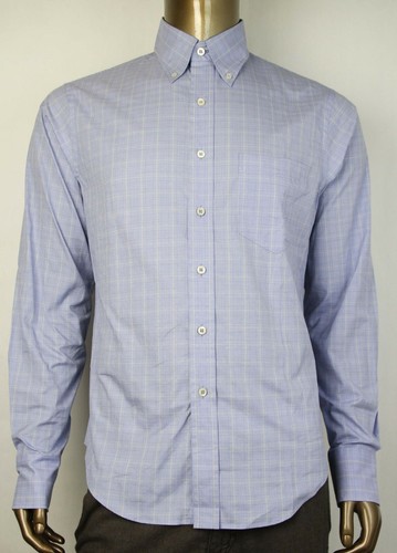 Camicia abito Prada uomo blu cotone a quadretti con bottoni a righe gialle UCN147