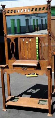Beautiful Early 20th Century Hall Tree - Original Hardware-Umbrella Wells Intact Cover
