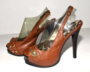 Qupid Brown Studded Peep Toe Slingbacks Platform Stilettos Size 8.5M  - Picture 1 of 9