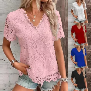 Womens Lace V Neck T-Shirt Tops Ladies Summer Short Sleeve Floral Blouse Shirts - Picture 1 of 24
