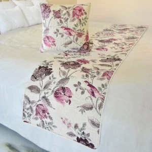 Decorative Pink Cotton Twin Bed Runner, Quilted - Vintage Birdie - Picture 1 of 4