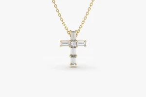 0.15 Cts Baguette Diamond Cross Handmade Minimalist Pendant in 14k Soid Gold - Picture 1 of 9