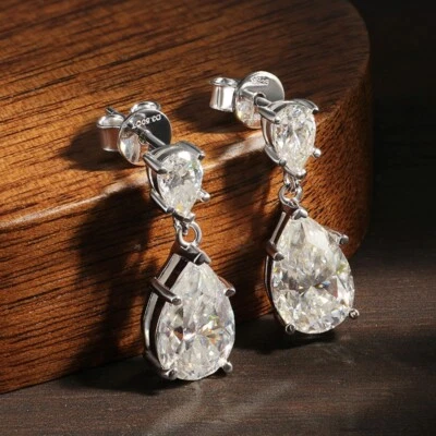 7CTW D VVS1 Pear Cut Real Moissanite Dangle Drop Earrings 925 Sterling Silver - Image 1 of 4