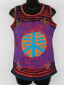 Nepalese Ladies Cotton Applique Flower Vest Top Peace Sign Size Medium - Picture 1 of 4