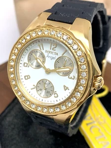 Invicta Women's Watch 1643 Angel Quartz White Dial Gold Black Rubber Band 38mm - Picture 1 of 14