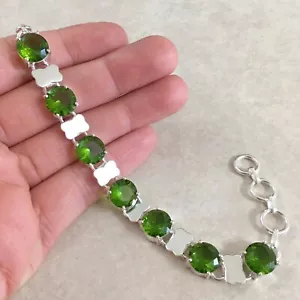 NATURAL ROUND GREEN CHROME DIOPSIDE 925 STERLING SILVER CHAIN BRACELET 7.75" - Picture 1 of 4