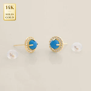 14K REAL Solid Gold Cubic Zirconia Turquoise Stud Earrings Lobe Daily Minimal - Picture 1 of 2