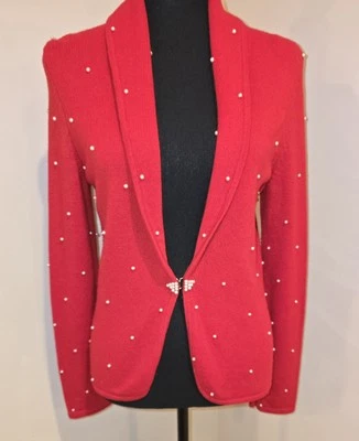 Jones Of New York Signature S Lana de Cordero Angoria Rojo Cárdigan Suéter Imitación Perla Foto 1 de 4