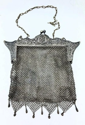 Cartera antigua de malla de plata alemana eduardiana fabulosamente ornamentada Foto 1 de 4