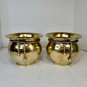 2 VTG Solid BRASS Hammered Rope & Tassel Planters Pots Containers India 6”x4.5” - Picture 1 of 18