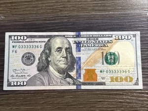 $100 Dollar Bill - Fancy Serial Number 2013 03333336 - Picture 1 of 9