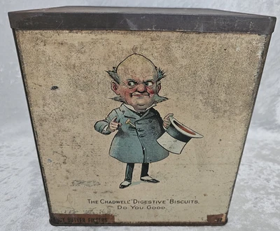 Antique Vtg.  Advertising Chadwell Biscuit Cookie Tin  Awesome Graphics Old Man - Image 1 of 4