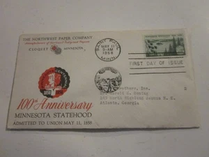 US COVER 1958 MINNESOTA STATEHOOD FDC 1106 NORTHWEST PAPER COMPANY CACHET - Bild 1 von 3