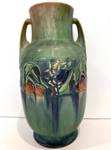 Vintage 1932 Roseville Art Pottery Green Baneda Ceramic Handled Vase 594-9 - Picture 1 of 11