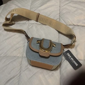 TRUE RELIGION Mini Flap Logo Crossbody Bag Blue Horseshoe adjustable strap - Picture 1 of 9