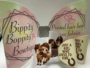 GIRL WHO LOVES TO RIDE 4 INCH PRINTED CANVAS FABRIC BOW LOOPS TO MAKE HAIR BOWS - Picture 1 of 4