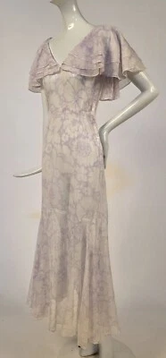 1930’S PURPLE FLORAL PRINT WHITE MUSLIN GAUZE DRESS W  LAYERED CAPE COLLAR - Image 1 of 4