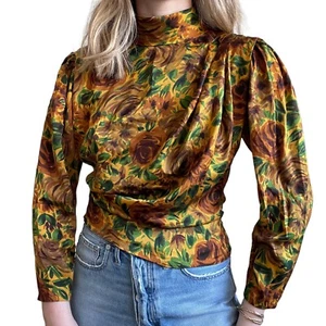 Vintage Womens 100% Silk Floral Romantic Mock Neck Long Sleeve Boho Blouse Sz M - Picture 1 of 8