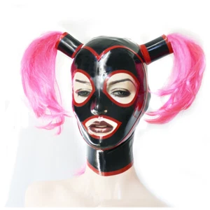 Ladies Black Latex Mask Wig Hole No Wig Mask Paryt Rubber Catsuits Bodysuit Hood - Picture 1 of 6